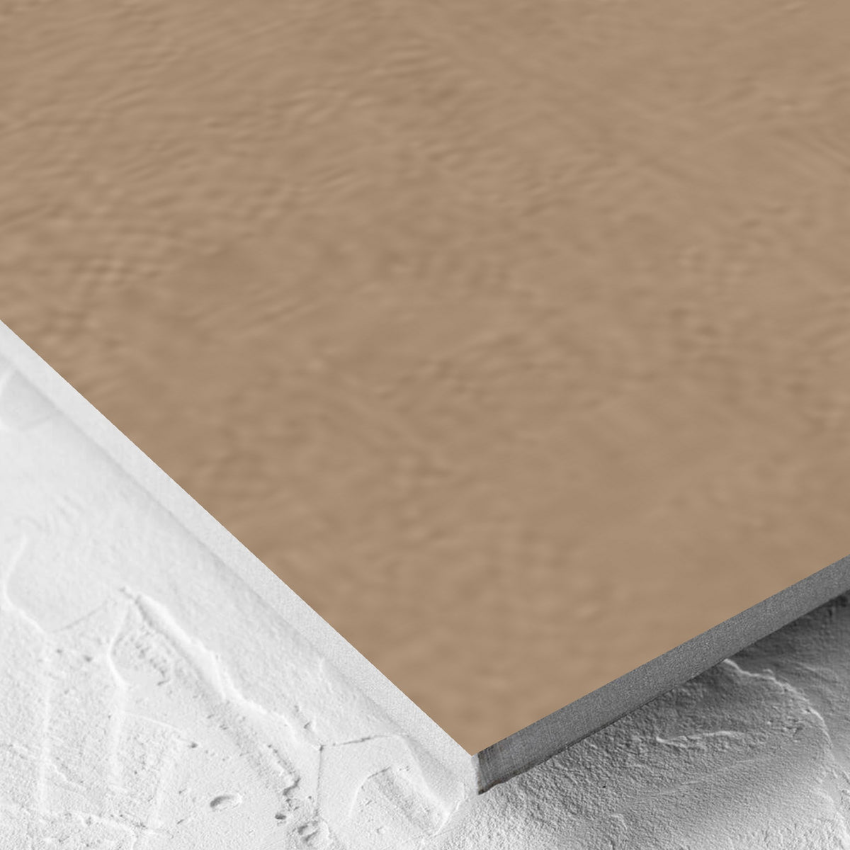 Corner close-up of the Balance Tan Matt 600x600mm tile showing the tile surface and the edge profile