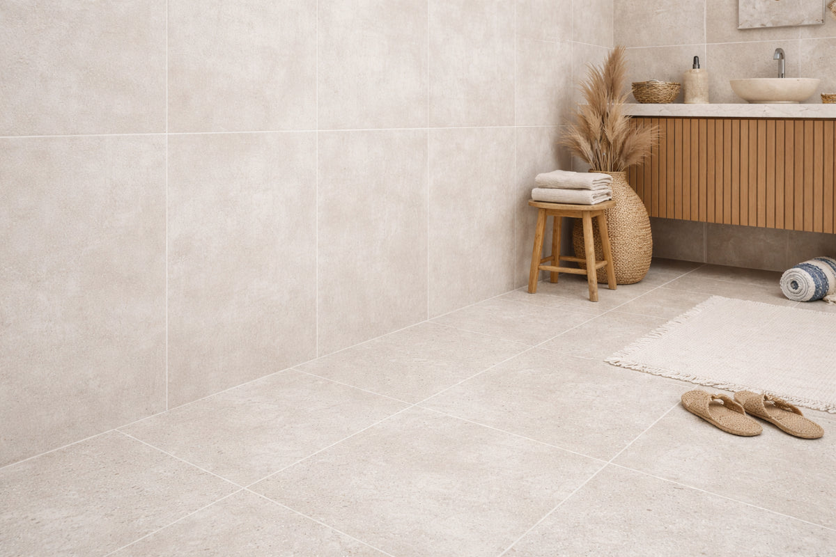 Bayside Champagne Natural Matt 600x600mm tiles installed on bathroom floor and walls with a wooden vanity, rattan basket, and pampas grass décor.