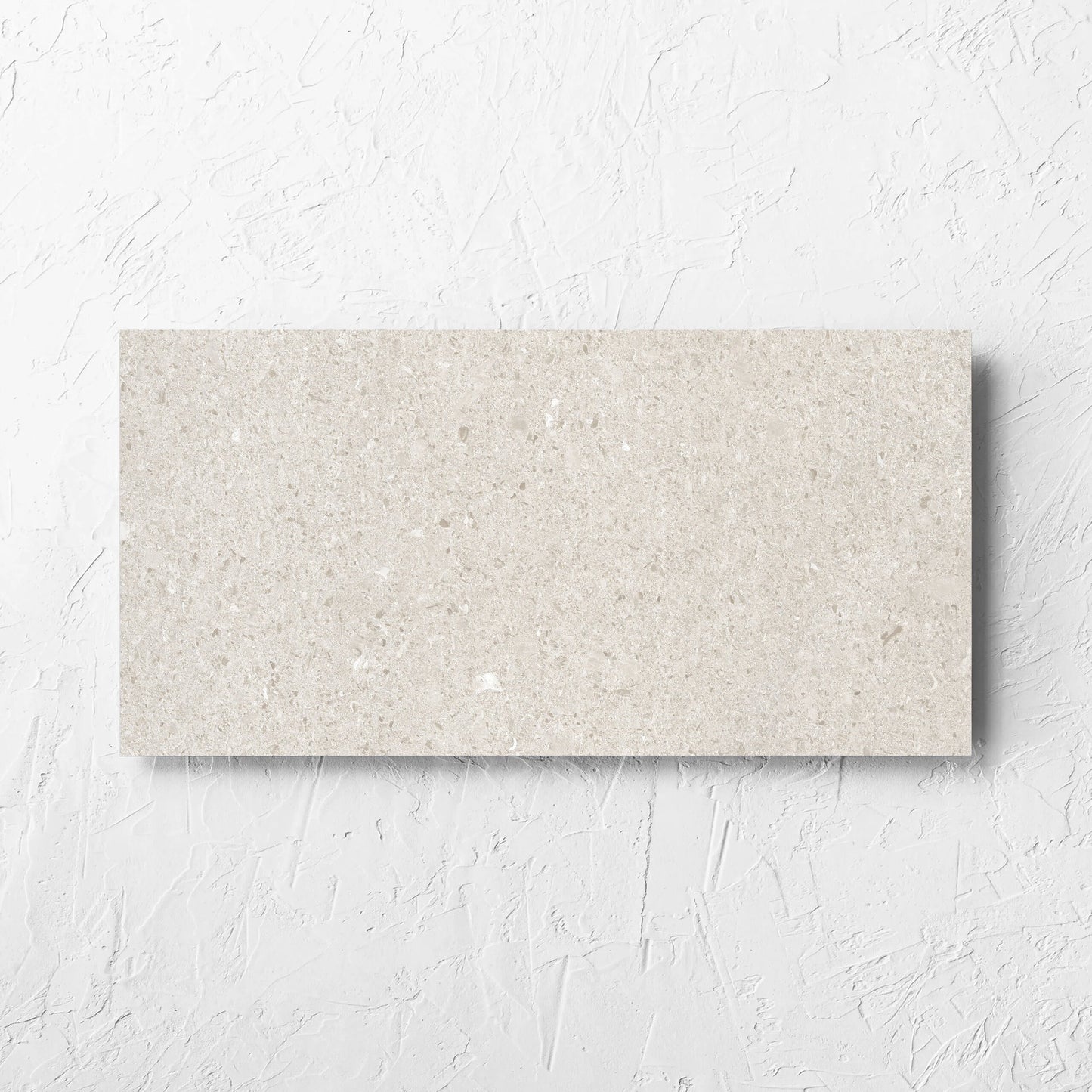 Bayside Champagne Shell Matt 300x600mm tile laid flat on a white rendered wall, showing the matt surface