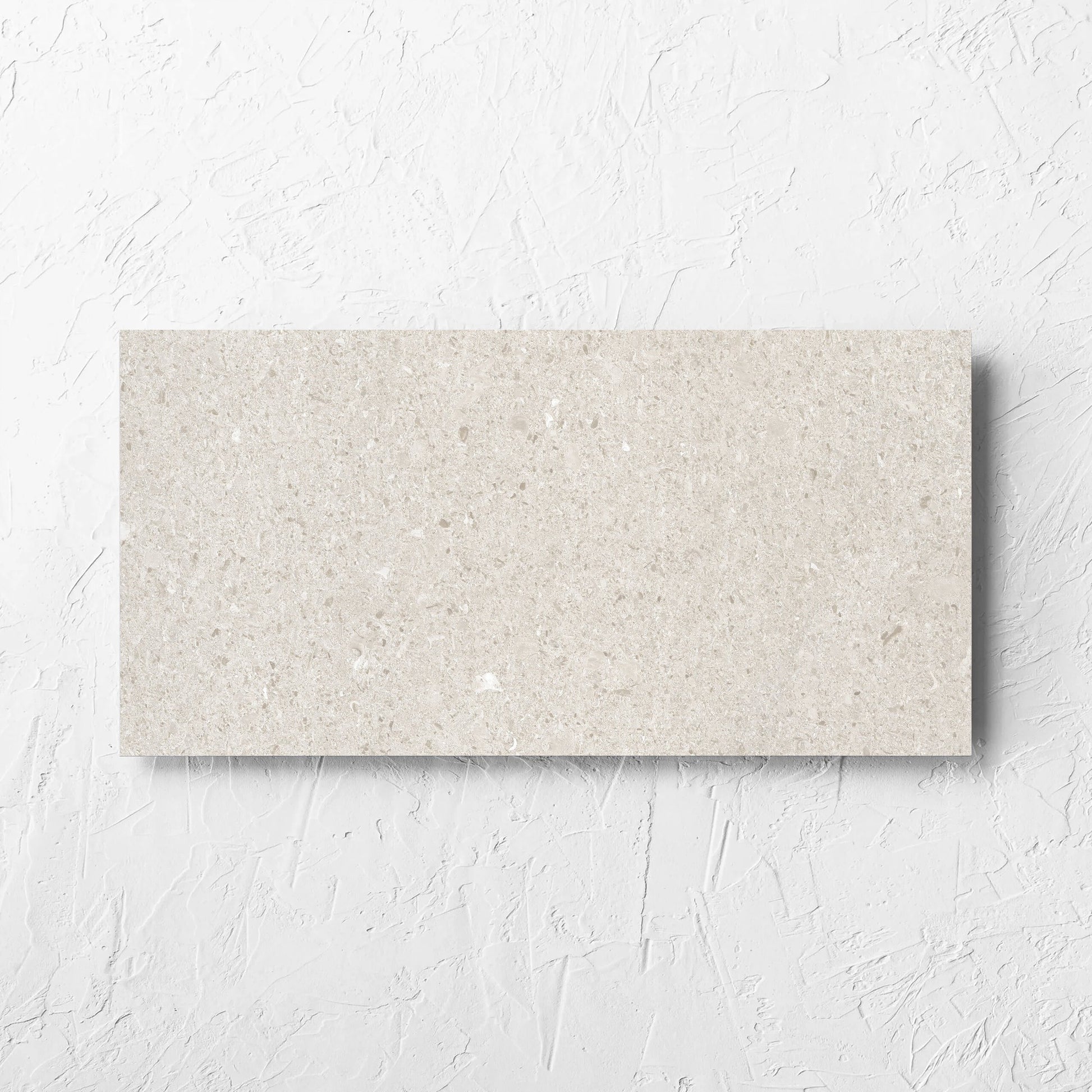 Bayside Champagne Shell Matt 300x600mm tile laid flat on a white rendered wall, showing the matt surface