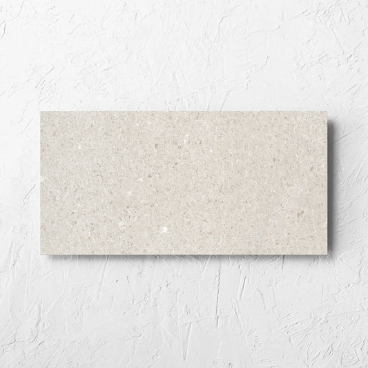 Bayside Champagne Shell Matt 300x600mm tile laid flat on a white rendered wall, showing the matt surface