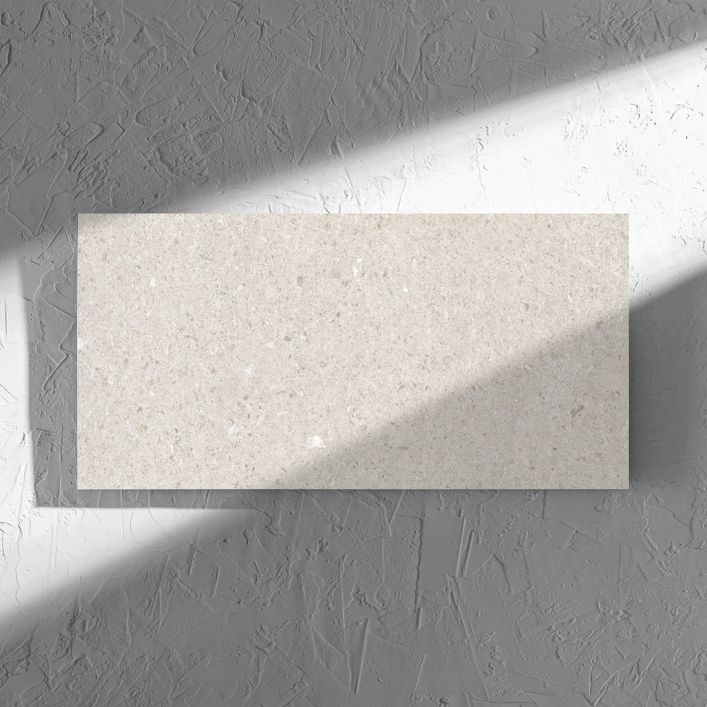 Bayside Champagne Shell Matt 300x600mm tile in soft natural window light, showing the matt surface