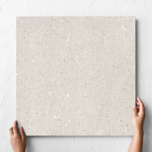 Hand holding a single Bayside Champagne Shell Matt 600x600mm tile against a white rendered wall, showing the matt surface