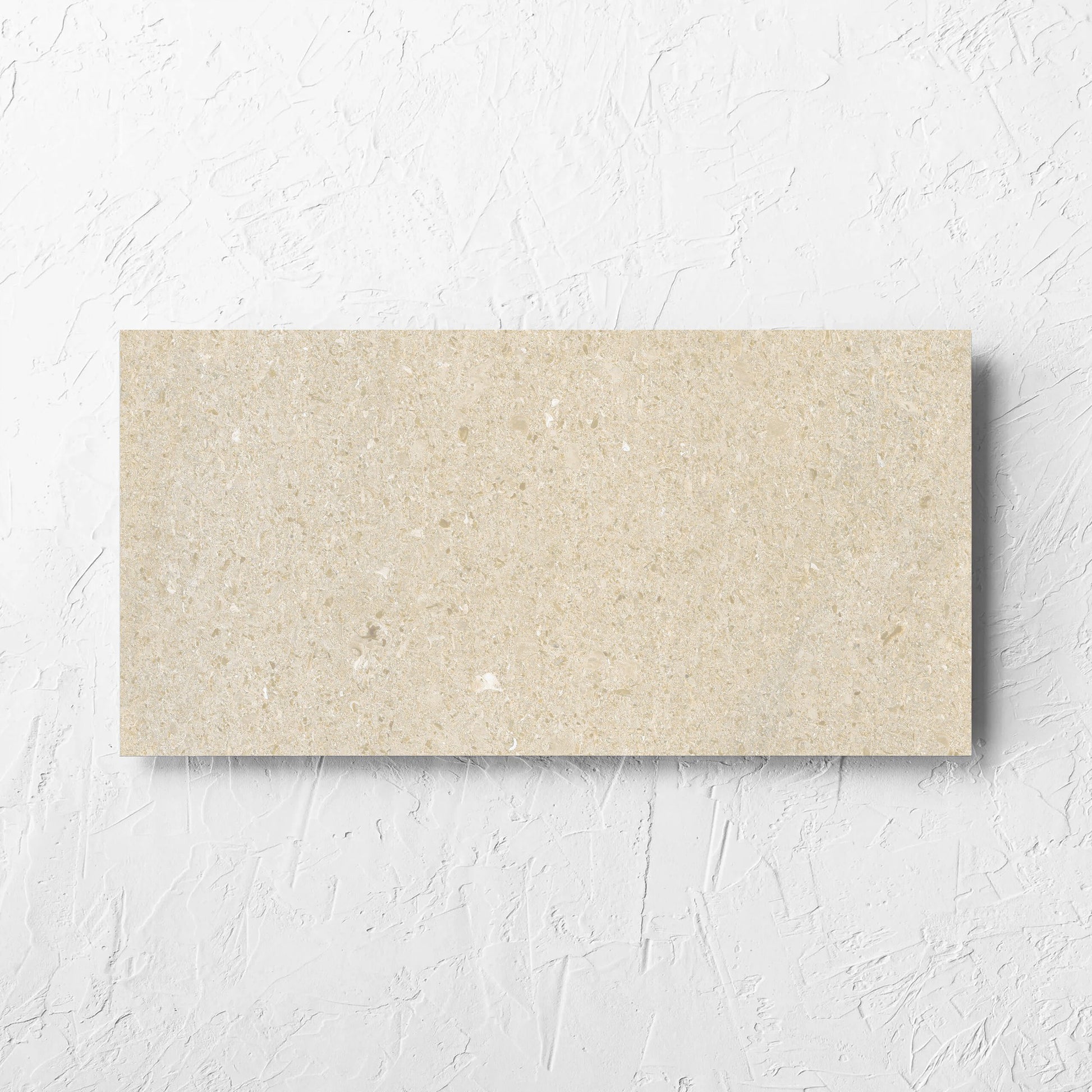Bayside Sand Shell Matt 300x600mm tile laid flat on a white rendered wall, showing the matt surface