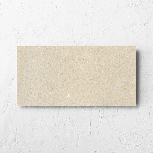 Bayside Sand Shell Matt 300x600mm tile laid flat on a white rendered wall, showing the matt surface