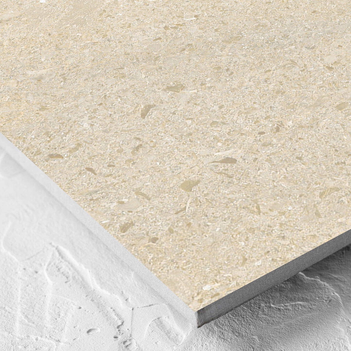 Corner close-up of the Bayside Sand Shell Matt 600x600mm tile showing the matt surface and the edge profile