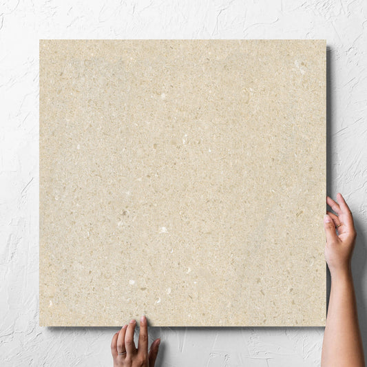 Hand holding a single Bayside Sand Shell Matt 600x600mm tile against a white rendered wall, showing the matt surface