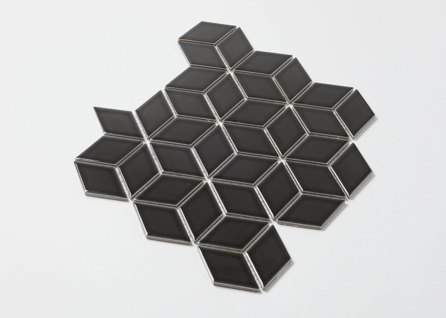 Pack shot of Black Gloss Cube 48x48mm ceramic mosaic tiles arranged in a diamond rhombus pattern with silver grout lines on a white background.