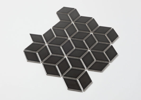 Pack shot of Black Gloss Cube 48x48mm ceramic mosaic tiles arranged in a diamond rhombus pattern with silver grout lines on a white background.