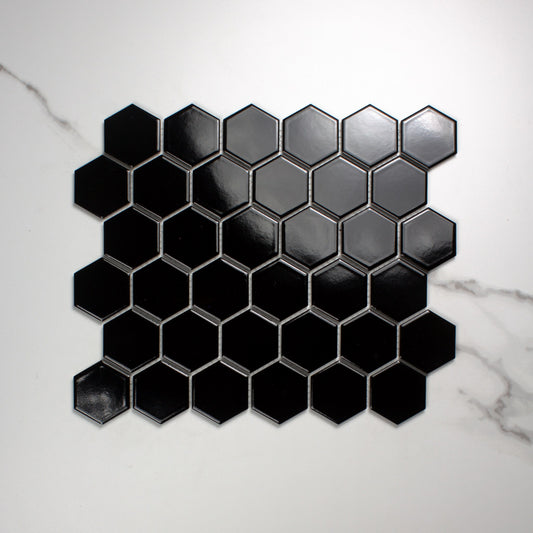 Black Gloss Porcelain Glazed Hexagon 51x59mm top view