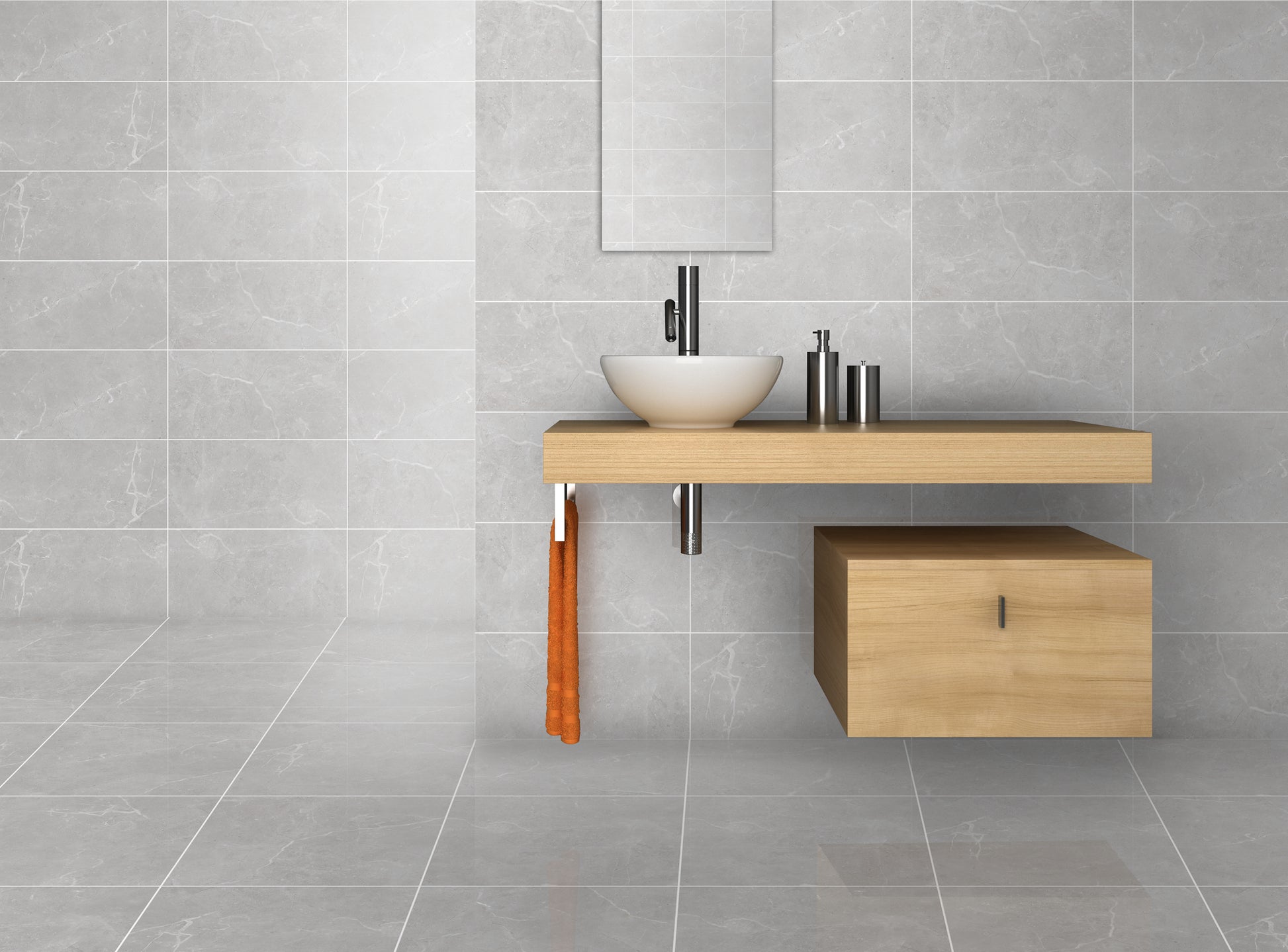 Bora Light Grey Polished Rectified 300x600mm tiles covering bathroom walls and floor alongside a floating oak vanity with vessel sink and orange towel.