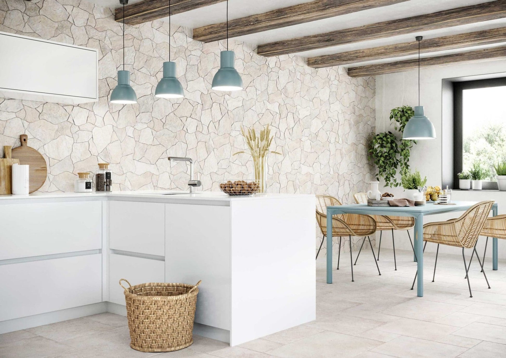 Borgogna White Flagstone 440x660mm tiles covering a rustic kitchen feature wall with blue pendant lights, white cabinetry, and rattan dining chairs.
