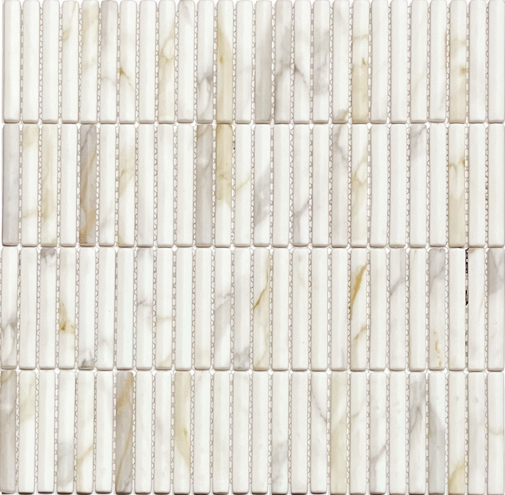 Boutique Calacatta Gold Mix Recycled Glass 3D Bar 297x303mm mosaic tile sheet featuring slim vertical bar shapes in white with warm gold veining.