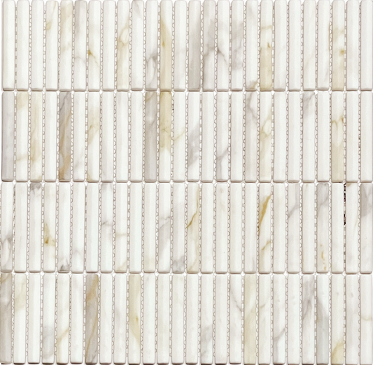 Boutique Calacatta Gold Mix Recycled Glass 3D Bar 297x303mm mosaic tile sheet featuring slim vertical bar shapes in white with warm gold veining.