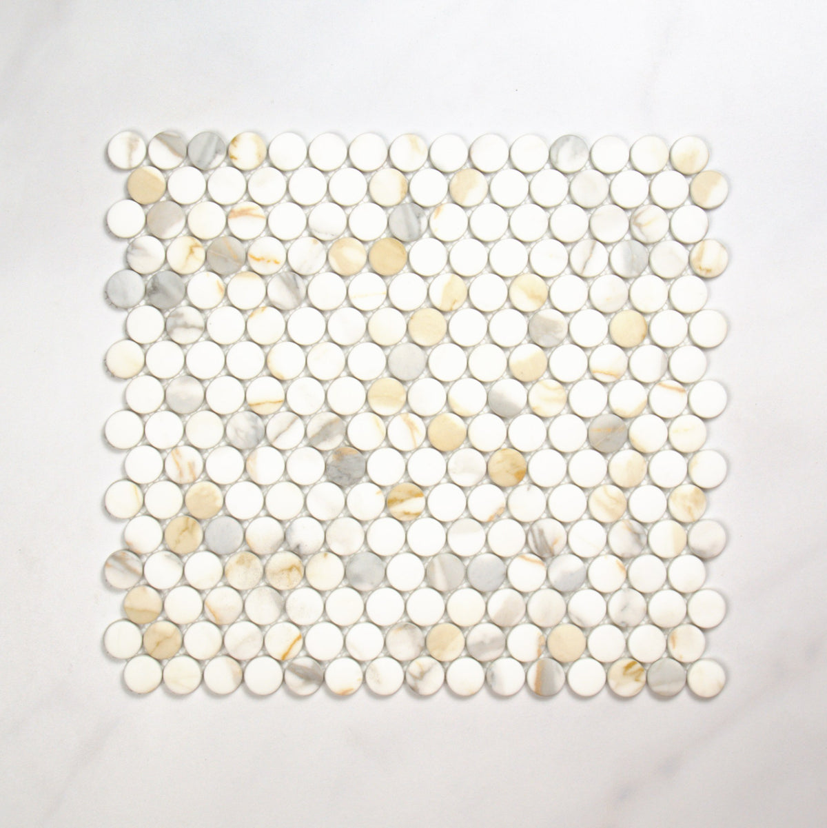 Boutique Calacatta Gold Mix Recycled Glass Penny Round 290x315mm top view