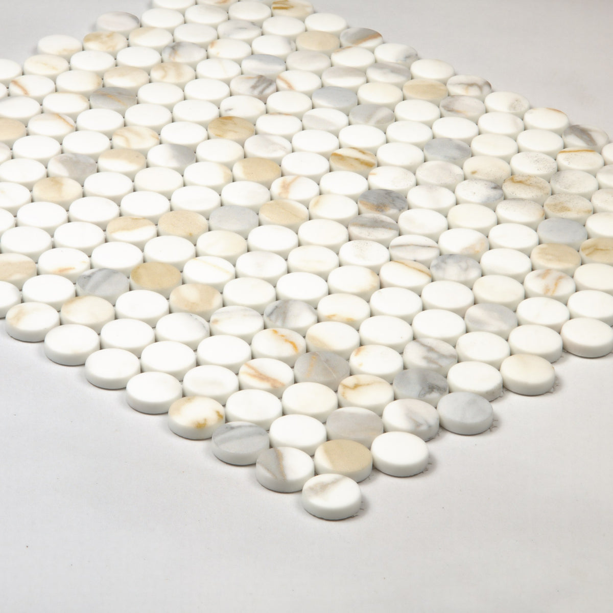 Boutique Calacatta Gold Mix Recycled Glass Penny Round 290x315mm angle view