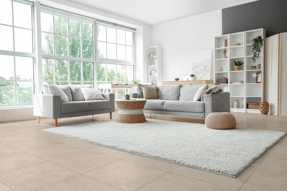 Bracca Beige Matt Rectified 300X300mm tiles laid on a bright modern living room floor with grey sofas and large windows.