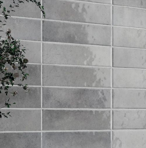 Bricks Grey Gloss 60x246mm ceramic wall tiles installed in a staggered horizontal pattern with a decorative plant visible in the foreground.