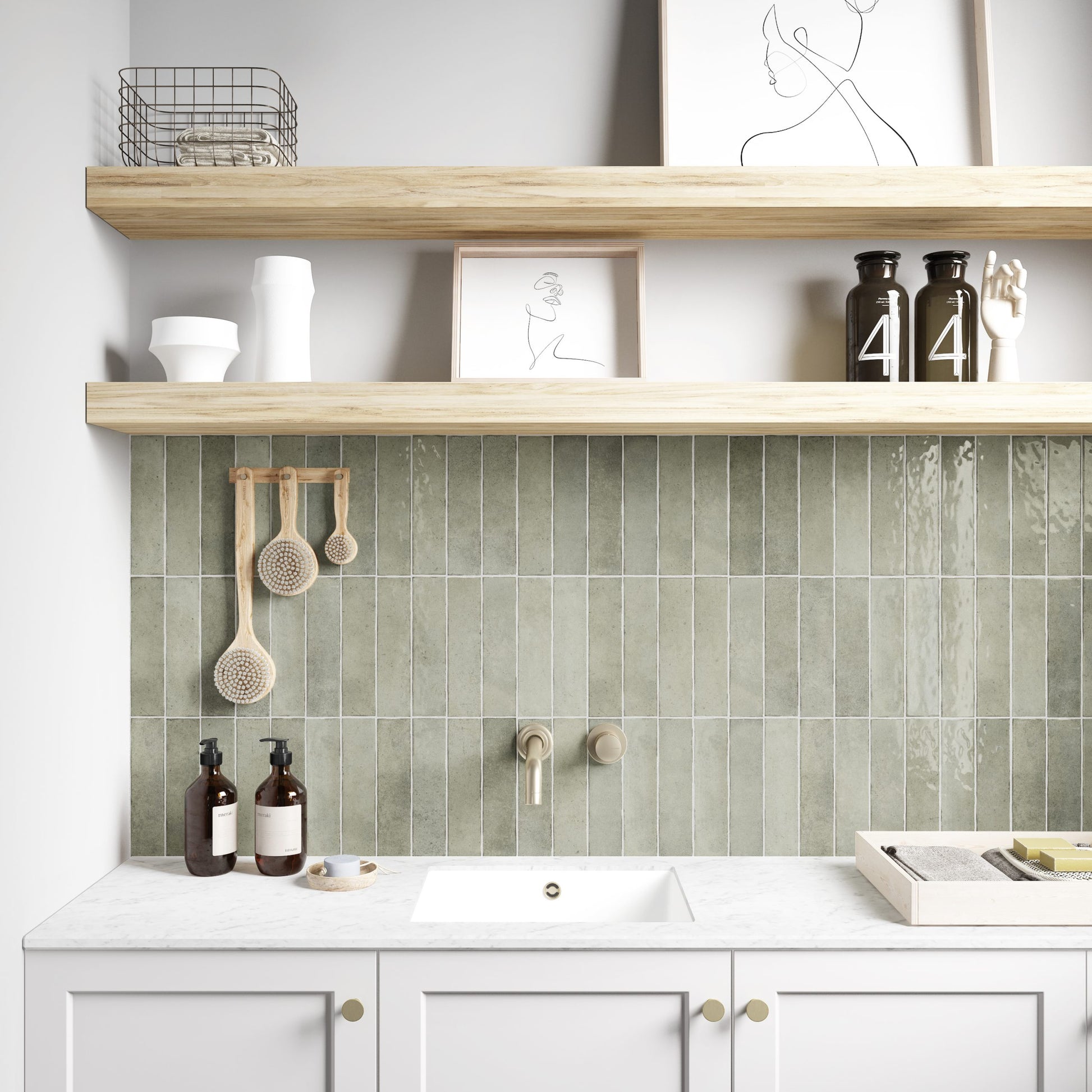 Bricks Mint Gloss 60x246mm tiles installed vertically as a bathroom splashback behind a white undermount vanity with oak floating shelves.