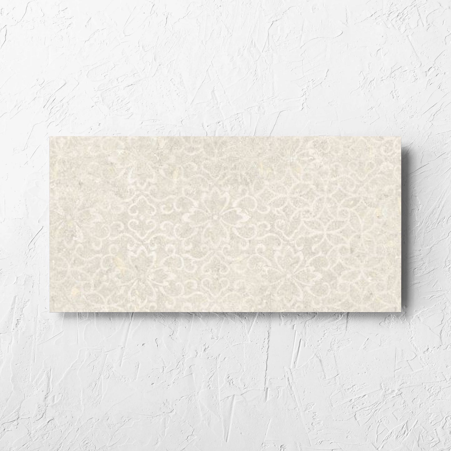 Brighton Beige 3D Decor 300x600mm tile laid flat on a white rendered wall, showing the matt surface
