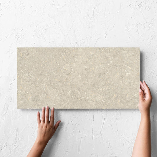 Hand holding a single Brighton Earth Matt 300x600mm tile against a white rendered wall, showing the matt surface