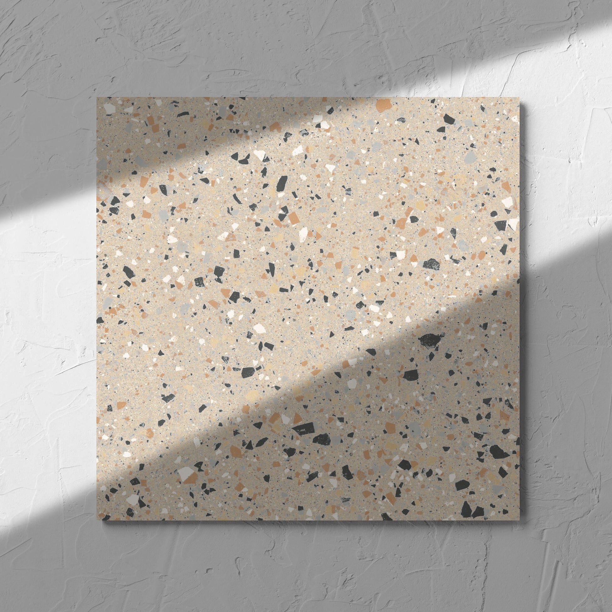 C Venice 300x300 Matt Beige Terrazzo Look Rectified tile in soft natural window light, showing the beige terrazzo look surface