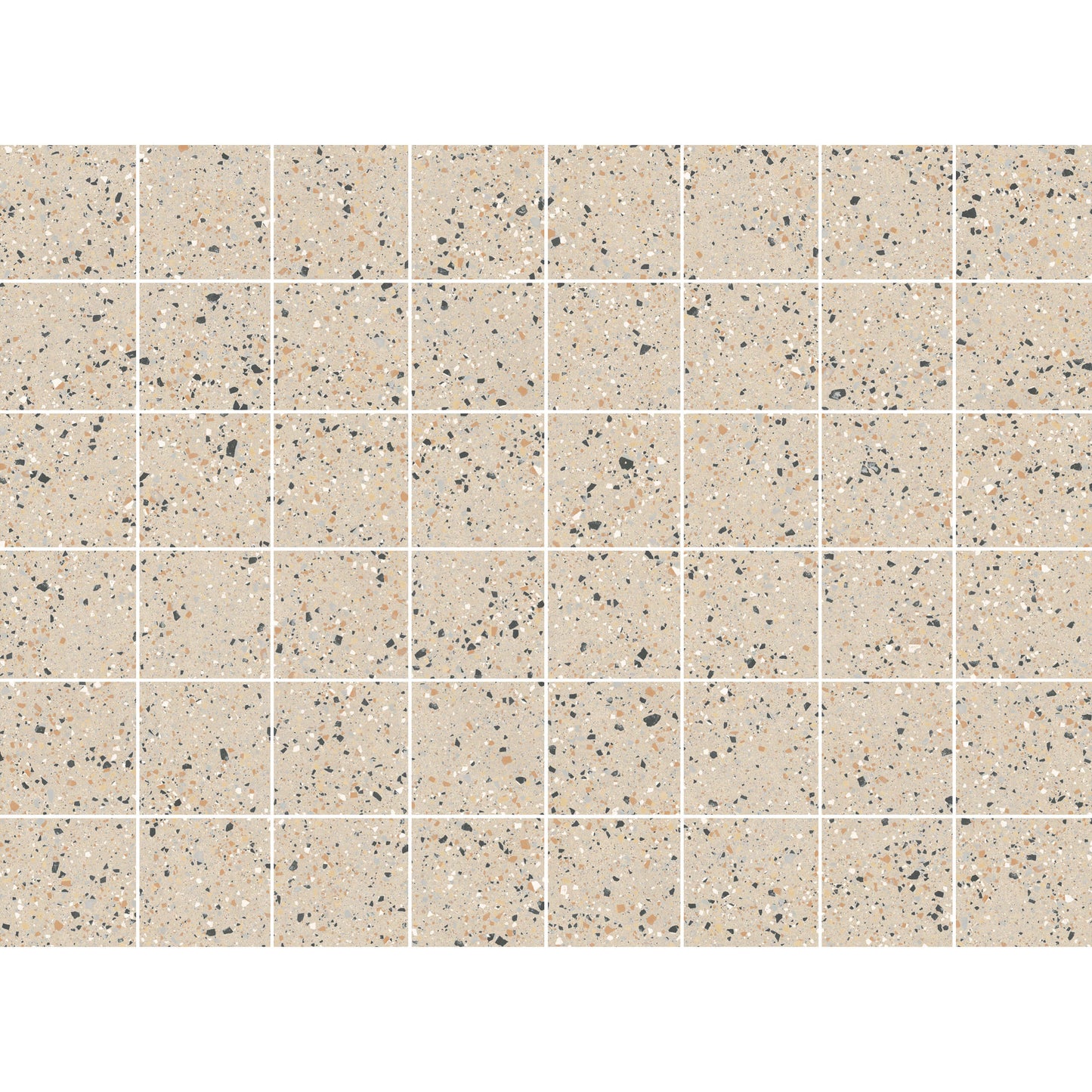 Grid layout of C Venice 300x300 Matt Beige Terrazzo Look Rectified tiles showing beige base with scattered dark grey and tan flecks.