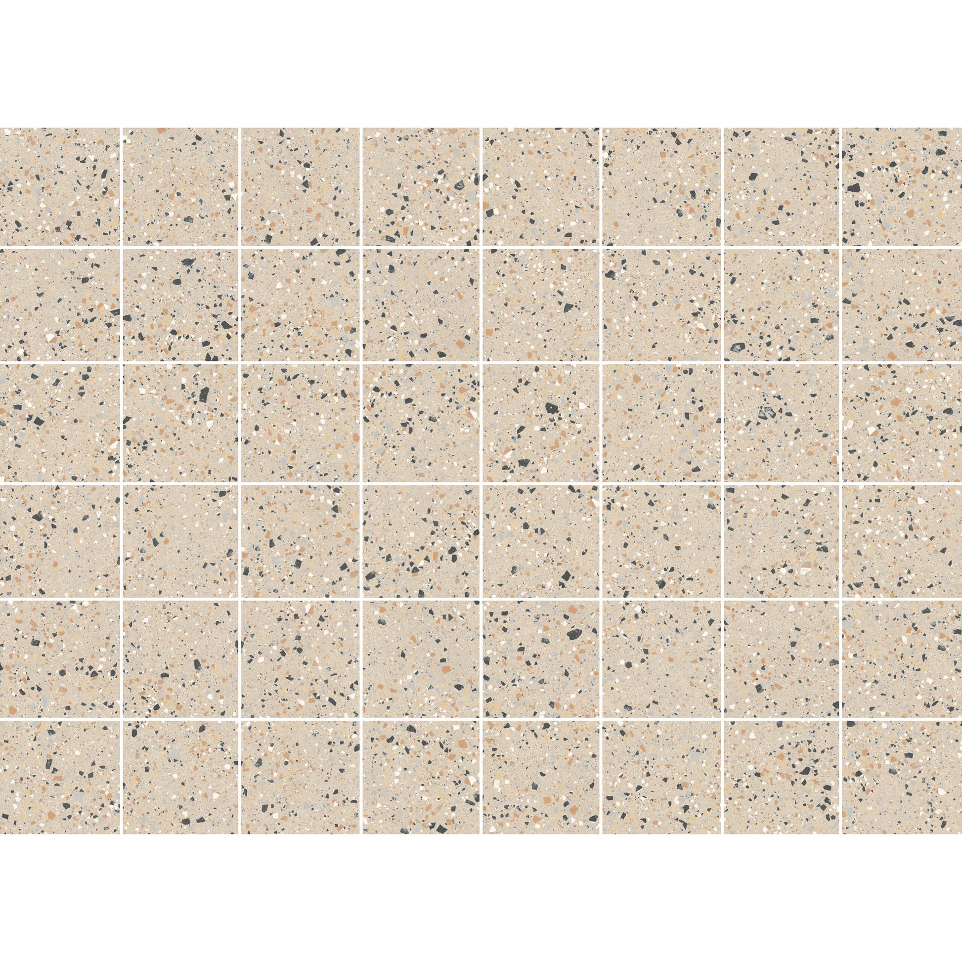Grid layout of C Venice 300x300 Matt Beige Terrazzo Look Rectified tiles showing beige base with scattered dark grey and tan flecks.