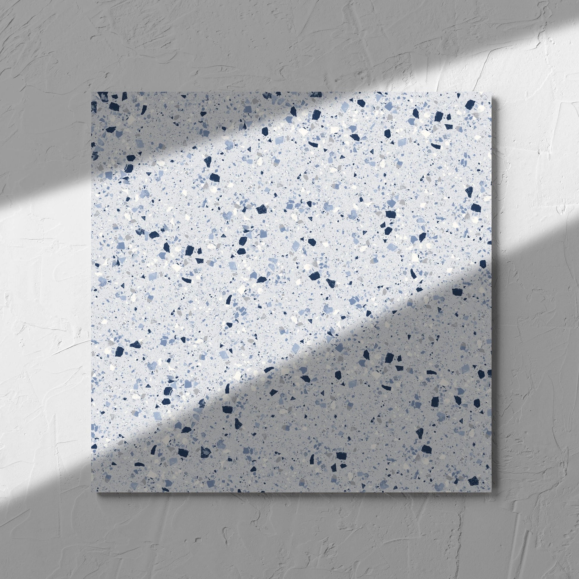C Venice 300x300 Matt Blue Terrazzo Look Rectified tile in soft natural window light, showing the blue terrazzo look surface