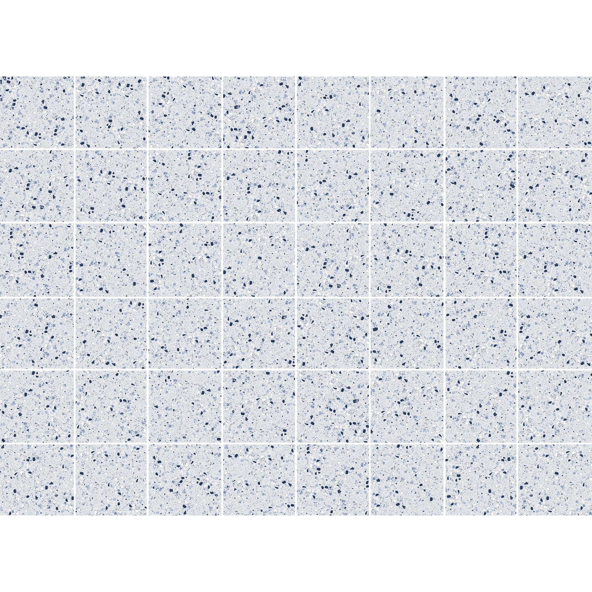 Grid layout of C Venice 300x300 Matt Blue Terrazzo Look Rectified tiles showing speckled navy and light blue stone chip pattern on a white matt surface.