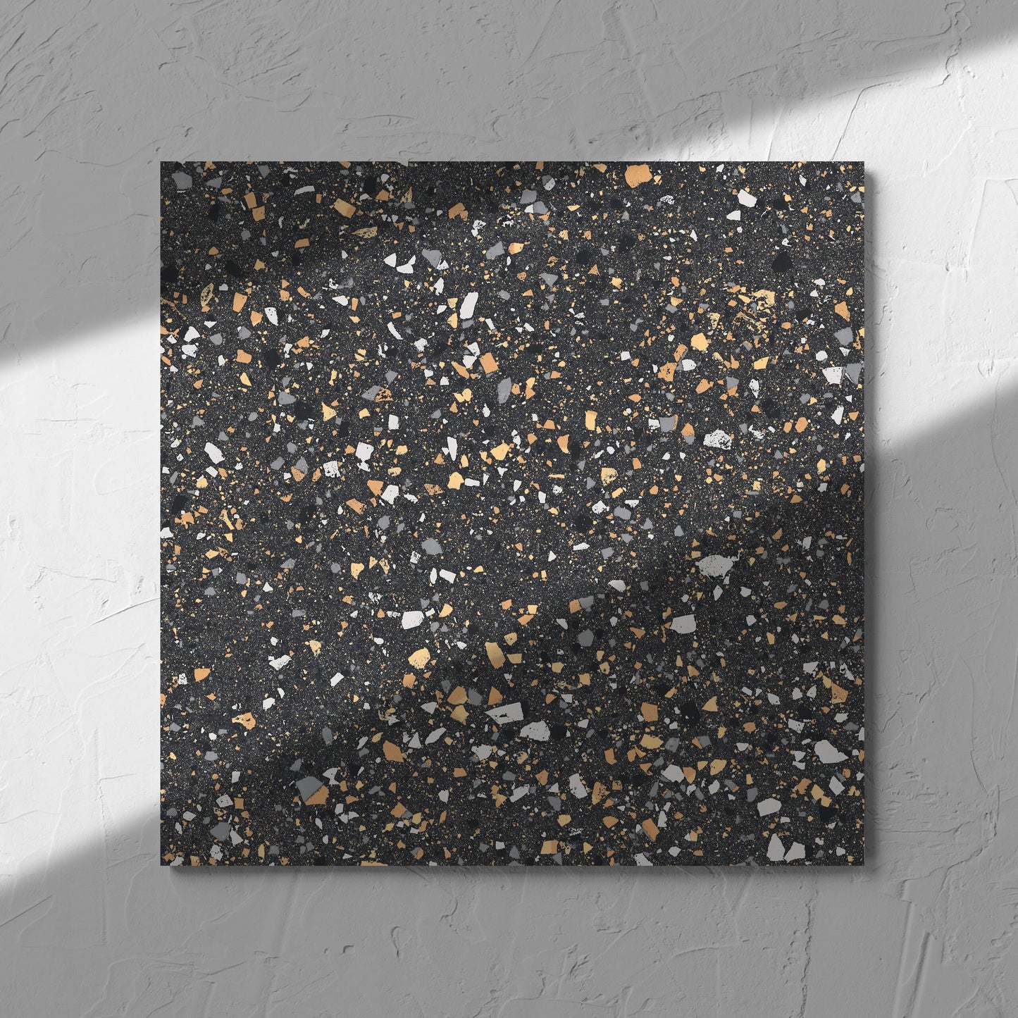 C Venice 300x300 Matt Graphite Terrazzo Look Rectified tile in soft natural window light, showing the terrazzo look tiles surface