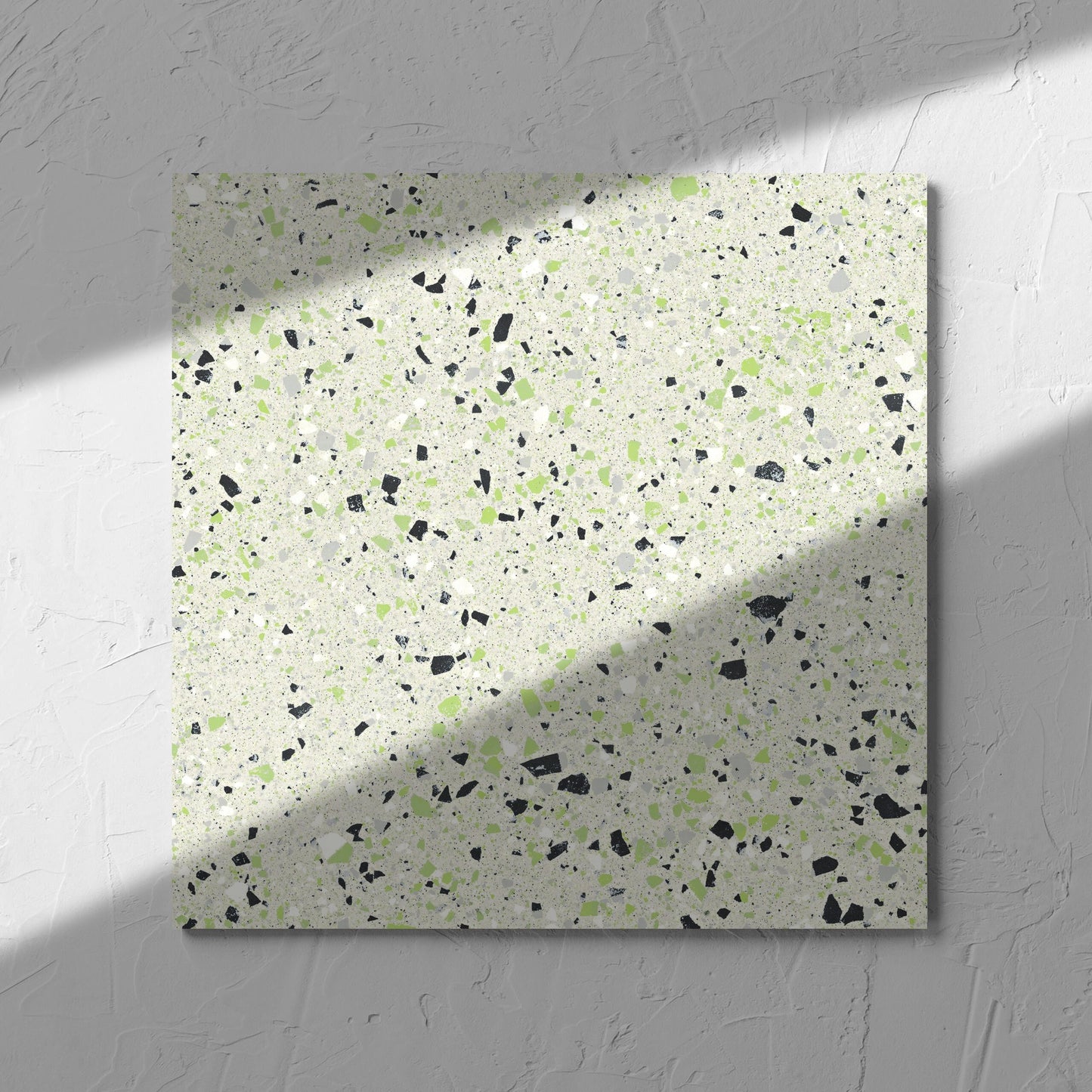 C Venice 300x300 Matt Green Terrazzo Look Rectified tile in soft natural window light, showing the tile surface