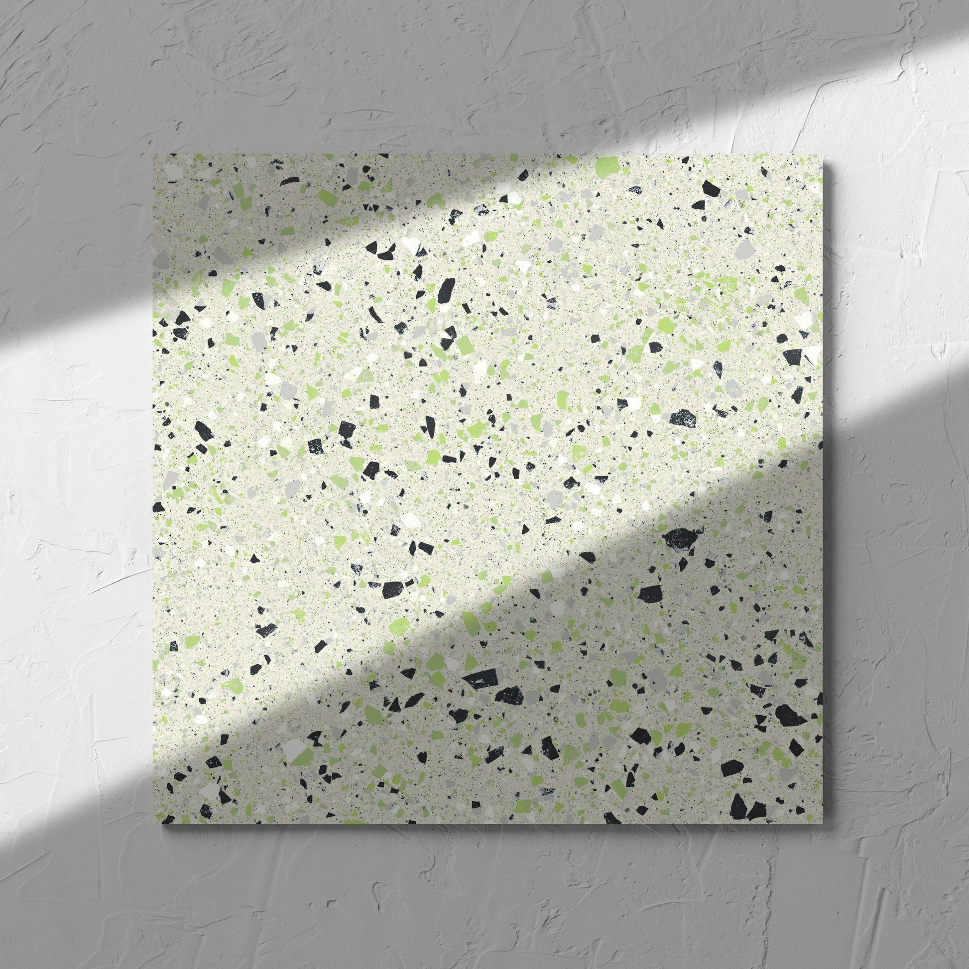 C Venice 300x300 Matt Green Terrazzo Look Rectified tile in soft natural window light, showing the tile surface