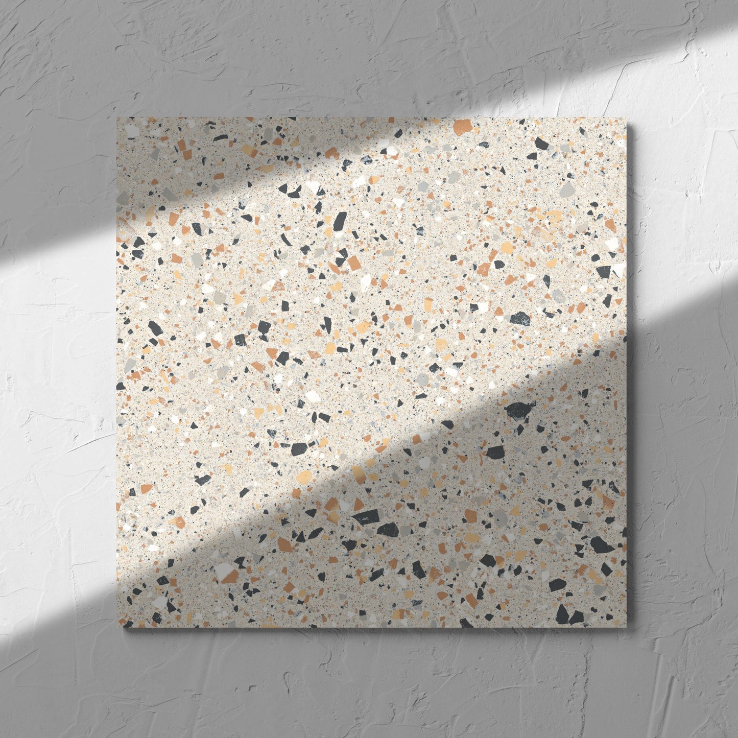 C Venice 300x300 Matt Ivory Terrazzo Look Rectified tile in soft natural window light, showing the tile surface