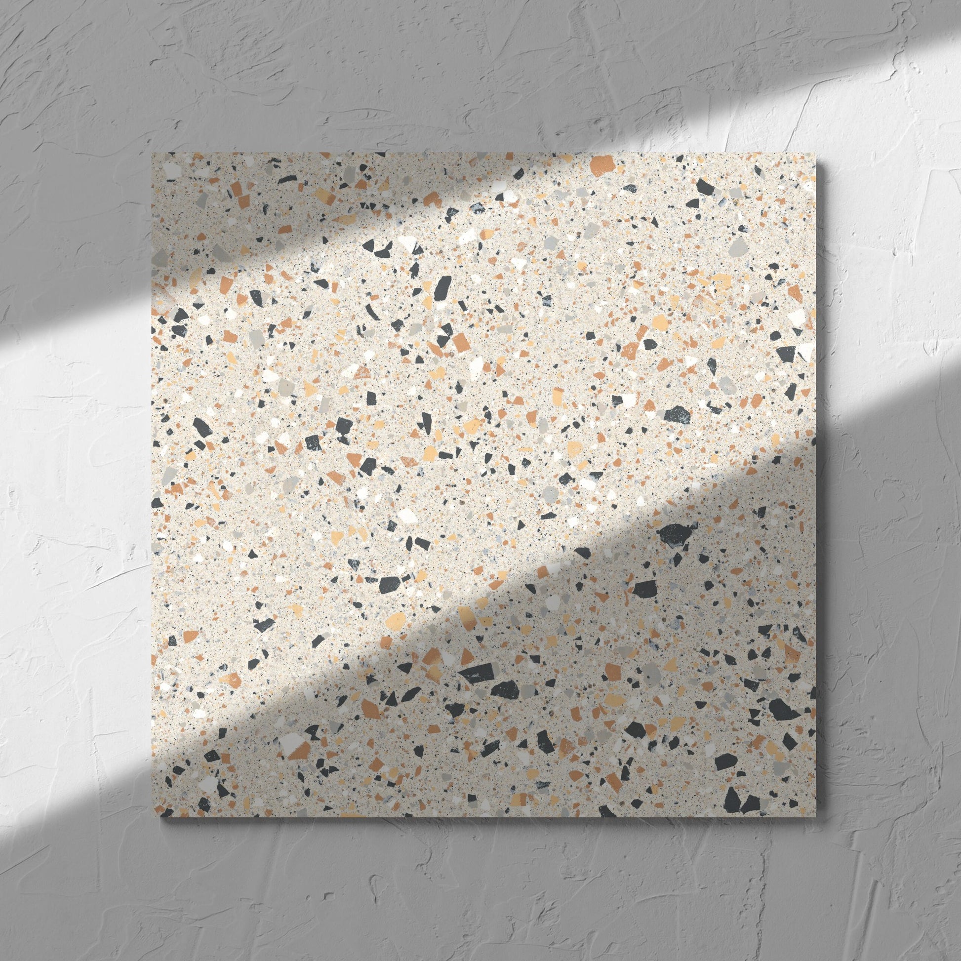 C Venice 300x300 Matt Ivory Terrazzo Look Rectified tile in soft natural window light, showing the tile surface