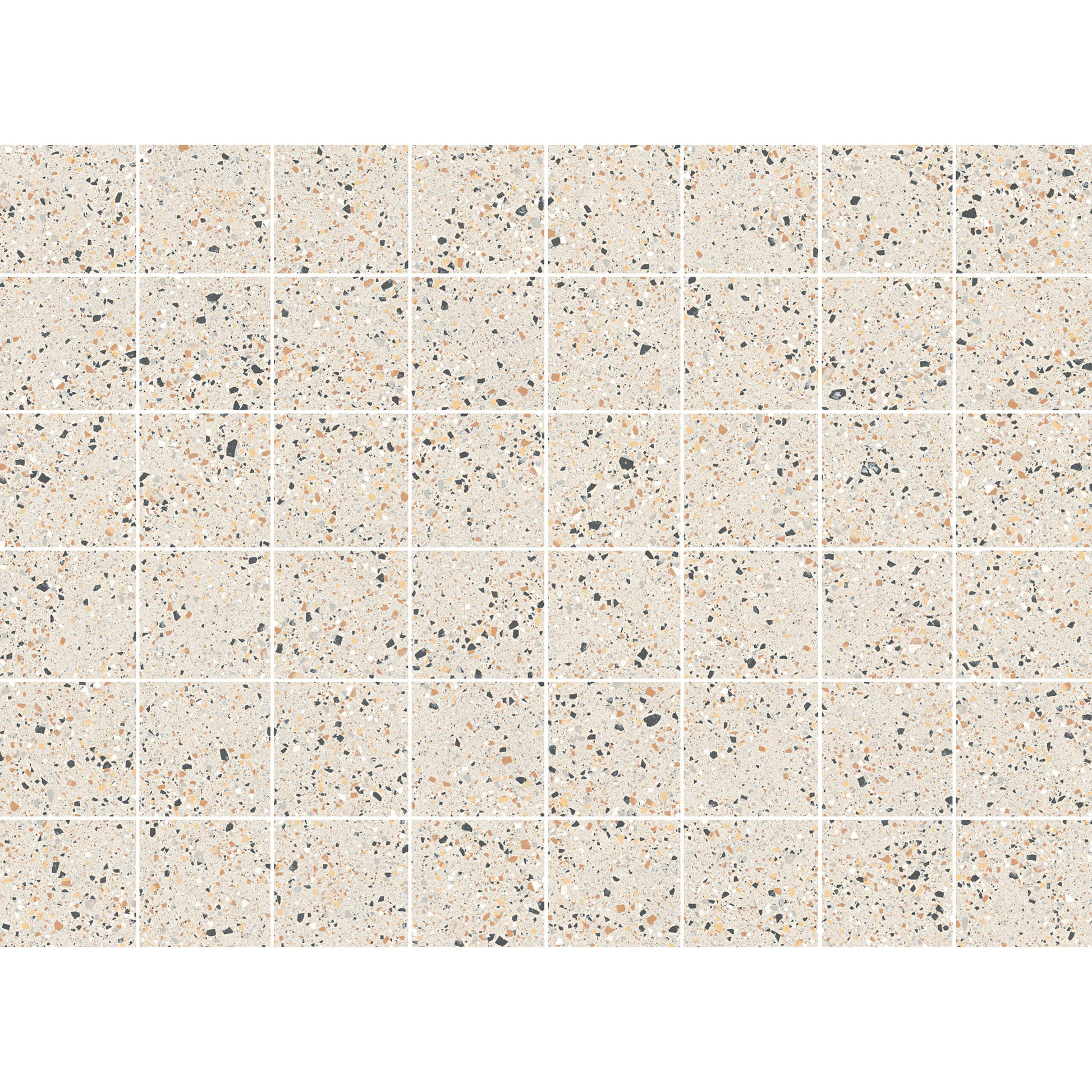Grid layout of C Venice 300x300 Matt Ivory Terrazzo Look Rectified tiles showing cream base with scattered black and terracotta stone chips.