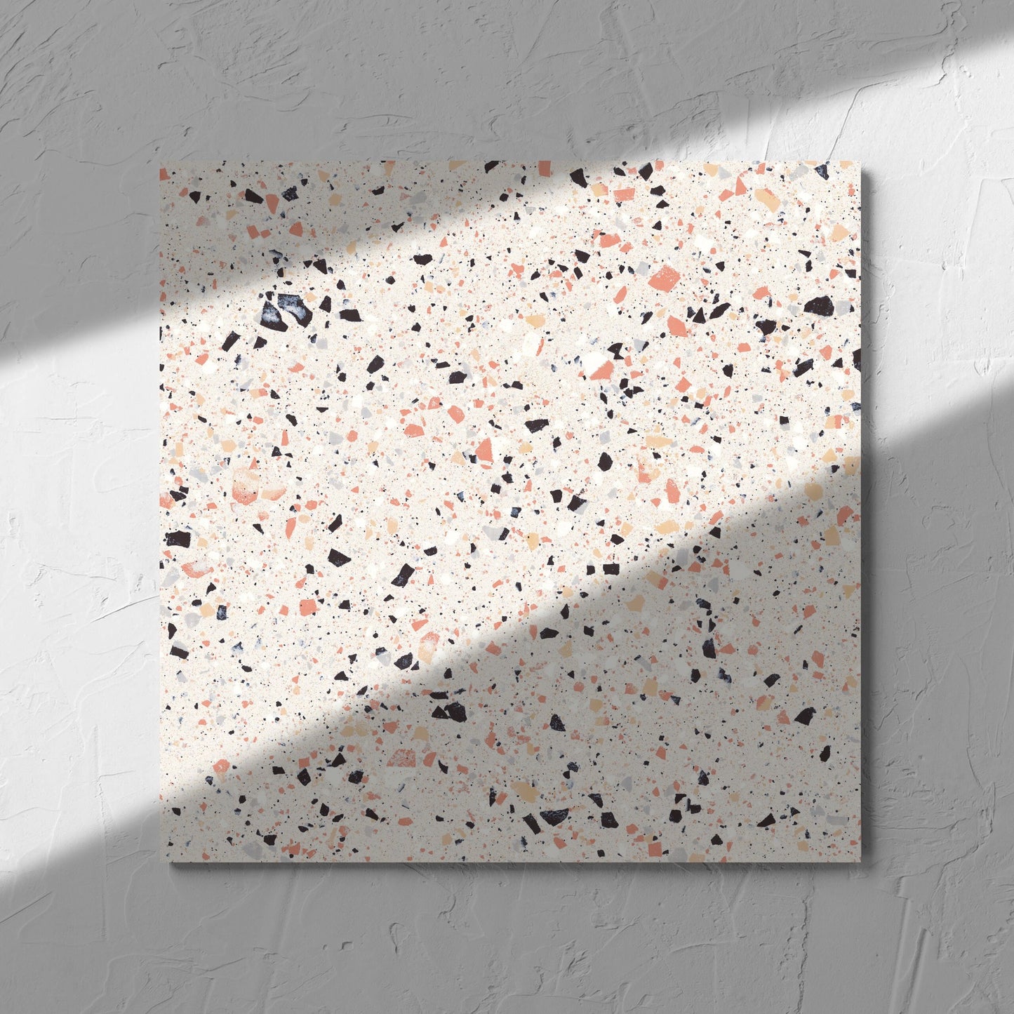 C Venice 300x300 Matt Pink Terrazzo Look Rectified tile in soft natural window light, showing the tile surface