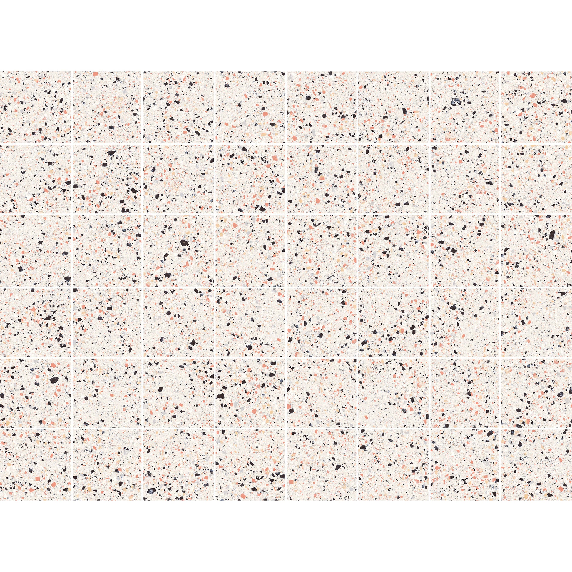 Grid layout of C Venice 300x300 Matt Pink Terrazzo Look Rectified tiles showing cream base with scattered black and coral stone fragments.