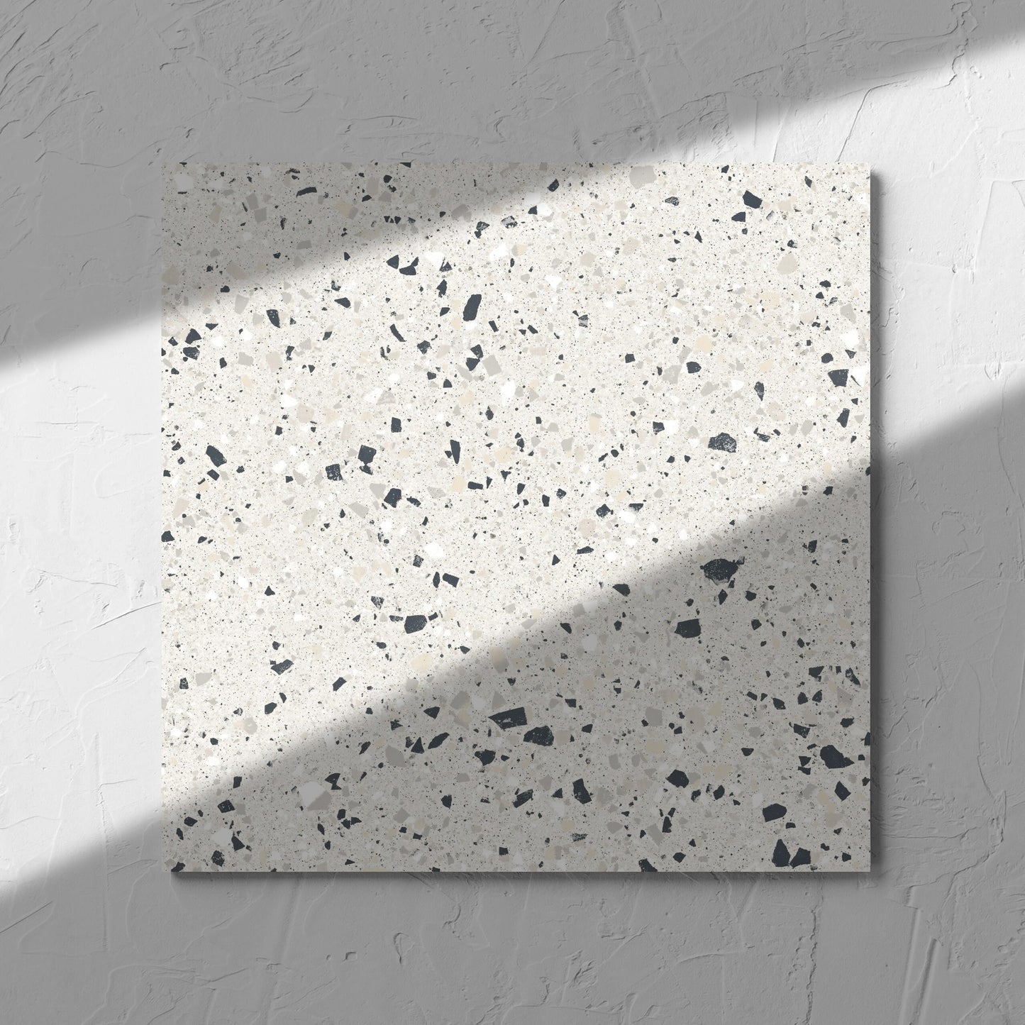 C Venice 300x300 Matt Silver Terrazzo Look Rectified tile in soft natural window light, showing the tile surface