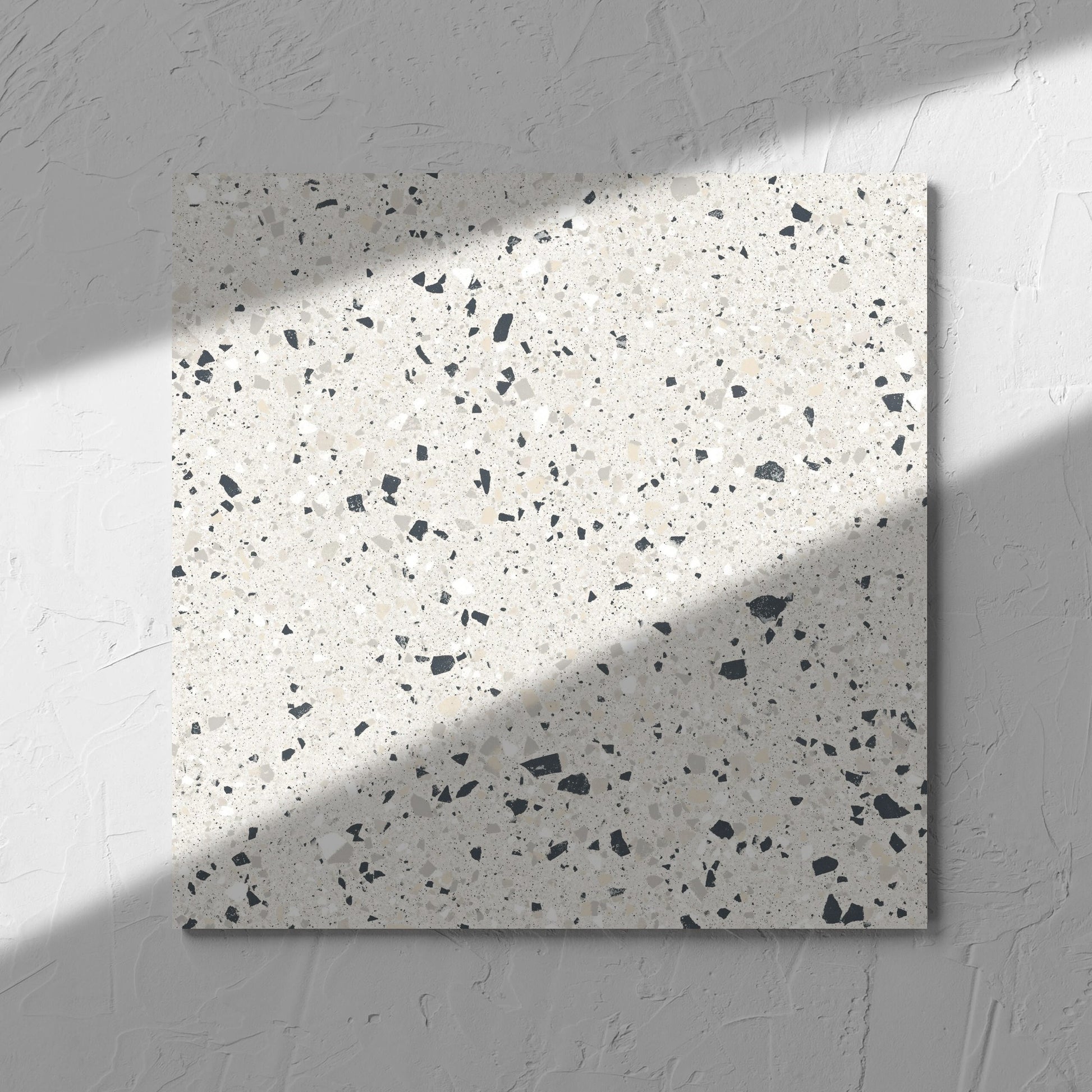 C Venice 300x300 Matt Silver Terrazzo Look Rectified tile in soft natural window light, showing the tile surface