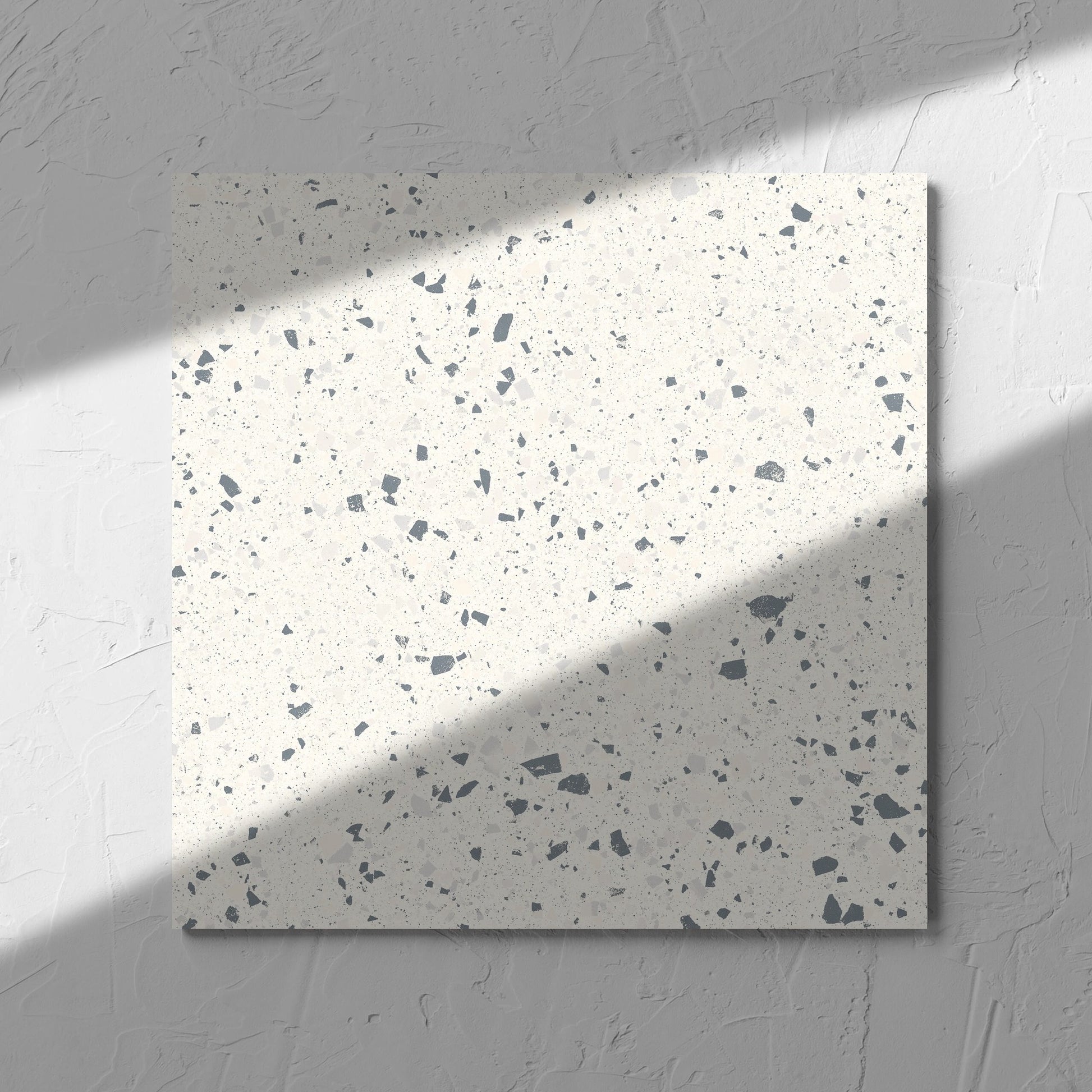 C Venice 300x300 Matt White Terrazzo Look Rectified tile in soft natural window light, showing the tile surface