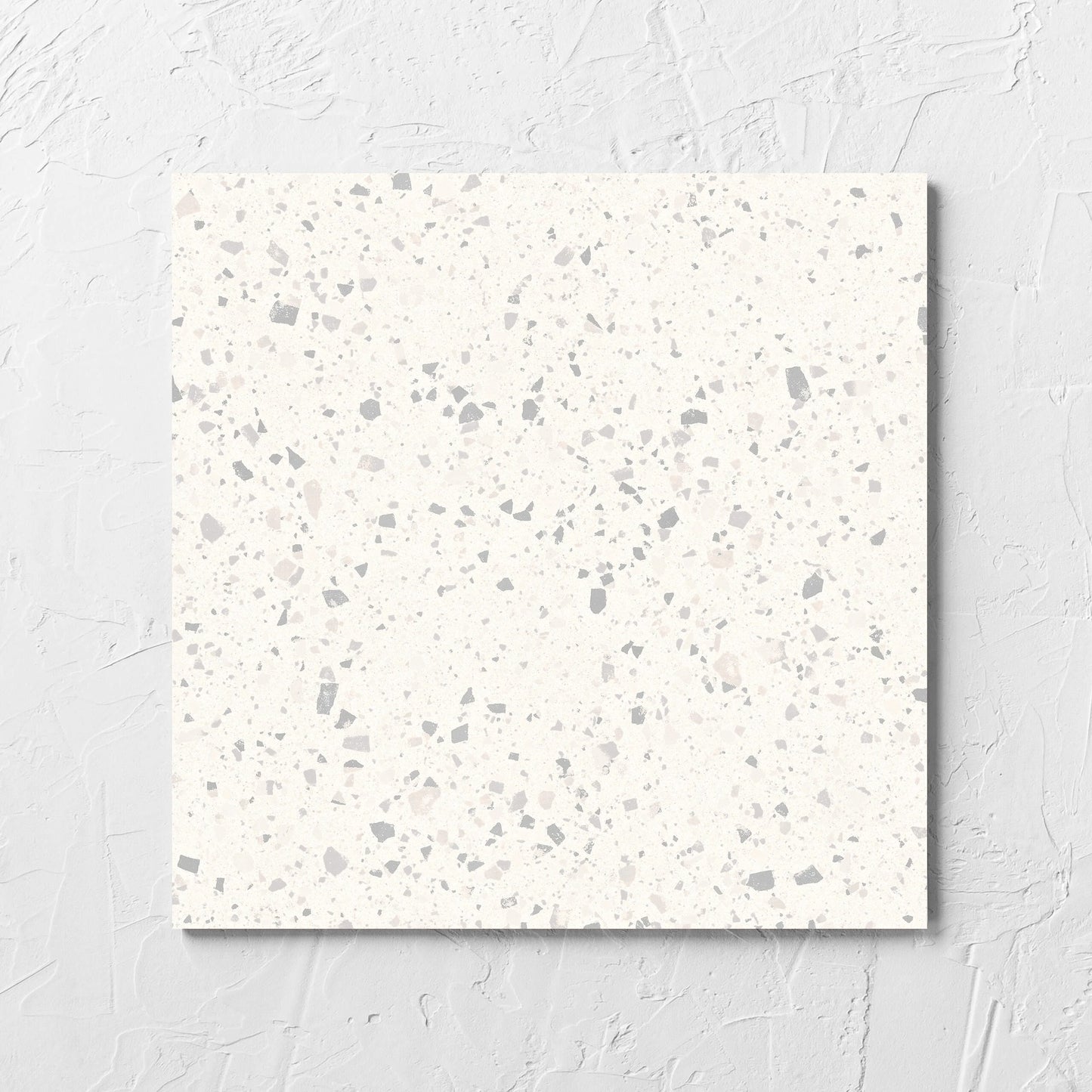C Venice 300x300 Matt Zinc Terrazzo Look Rectified tile laid flat on a white rendered wall, showing the tile surface