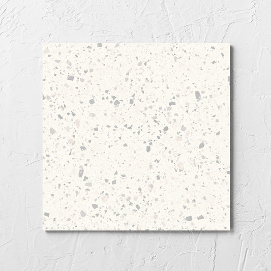 C Venice 300x300 Matt Zinc Terrazzo Look Rectified tile laid flat on a white rendered wall, showing the tile surface