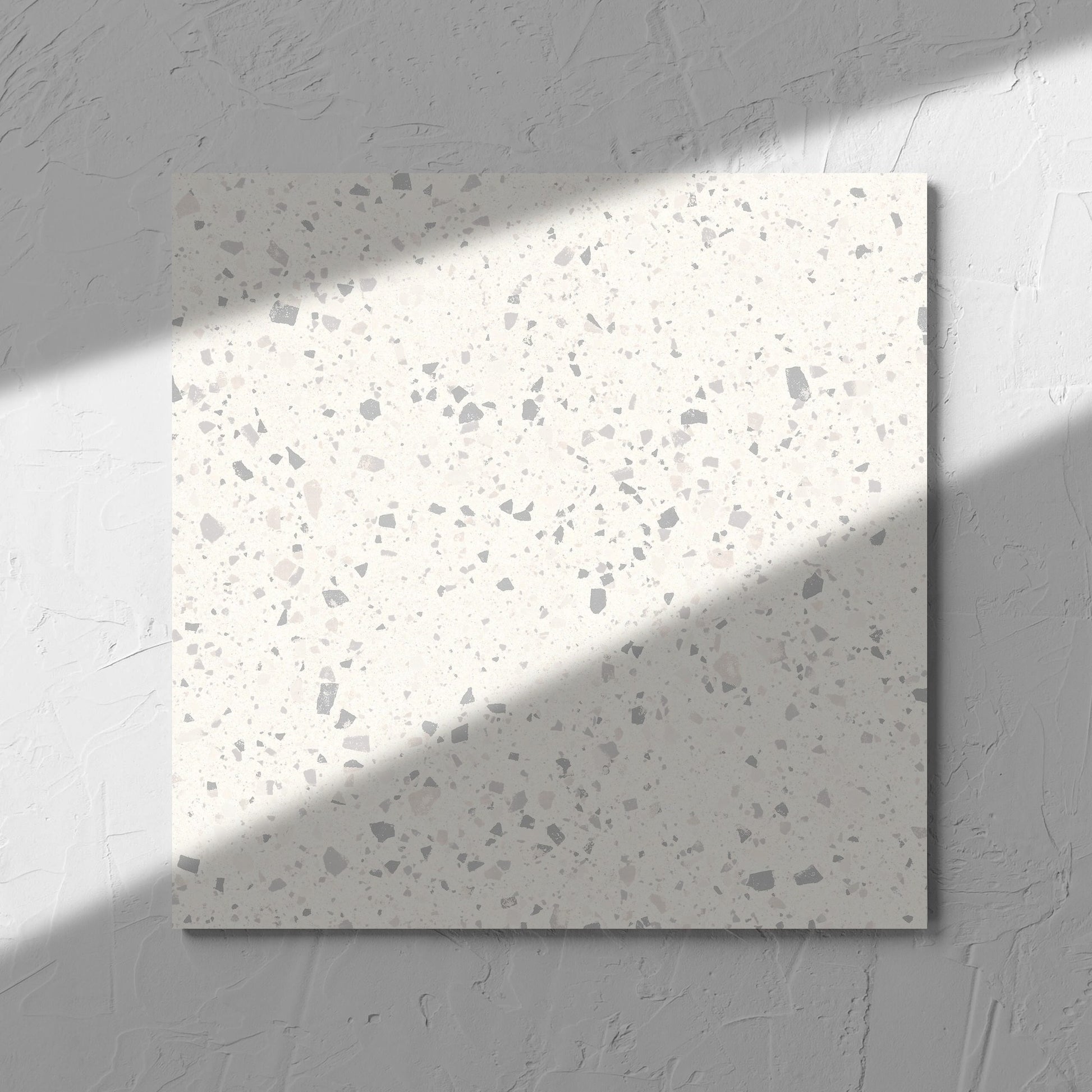 C Venice 300x300 Matt Zinc Terrazzo Look Rectified tile in soft natural window light, showing the tile surface