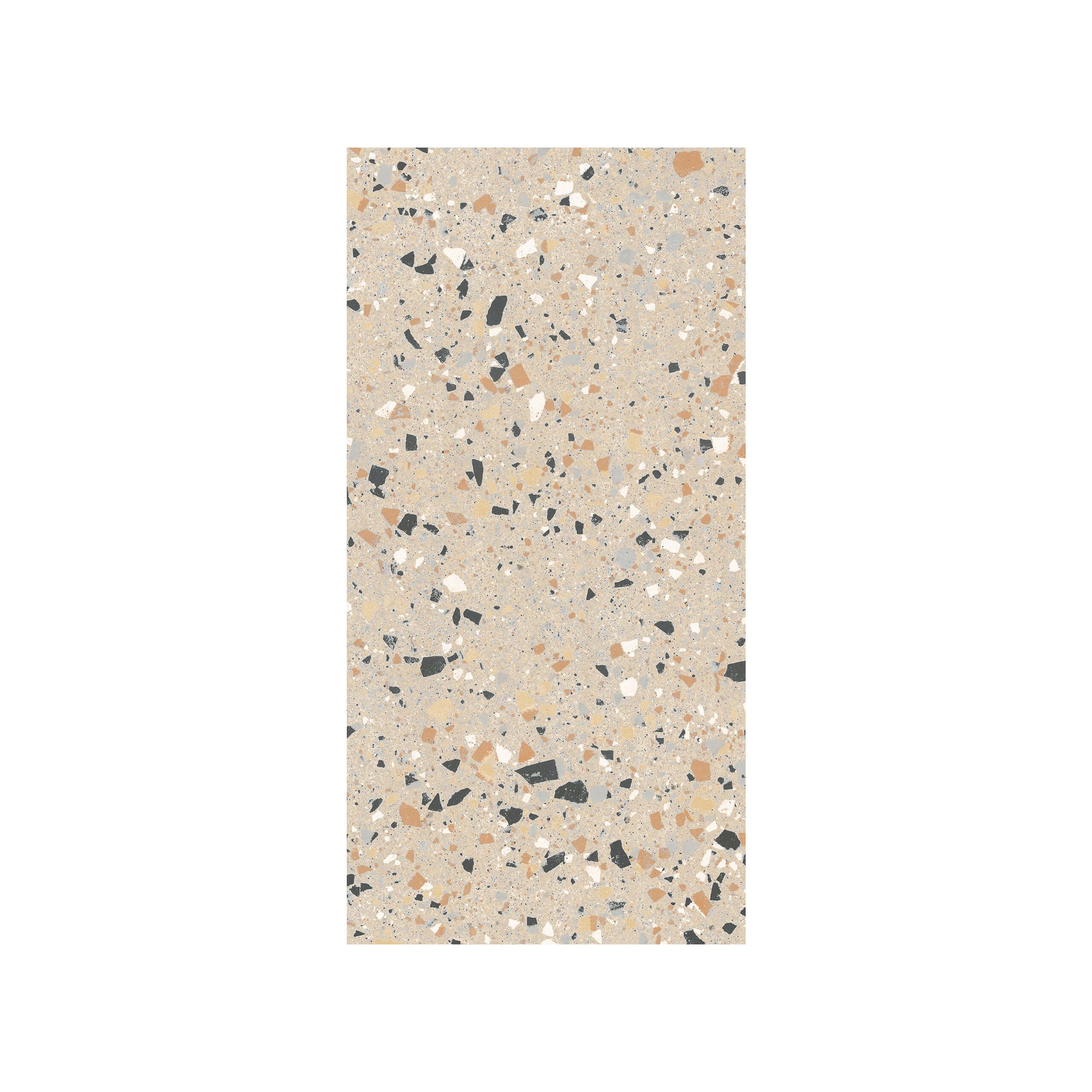 C Venice 300x600 Matt Beige Terrazzo Look Rectified tile showing a warm beige matt surface with scattered black, white, and terracotta aggregate chips.