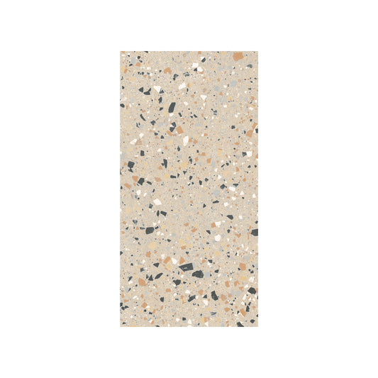 C Venice 300x600 Matt Beige Terrazzo Look Rectified tile showing a warm beige matt surface with scattered black, white, and terracotta aggregate chips.