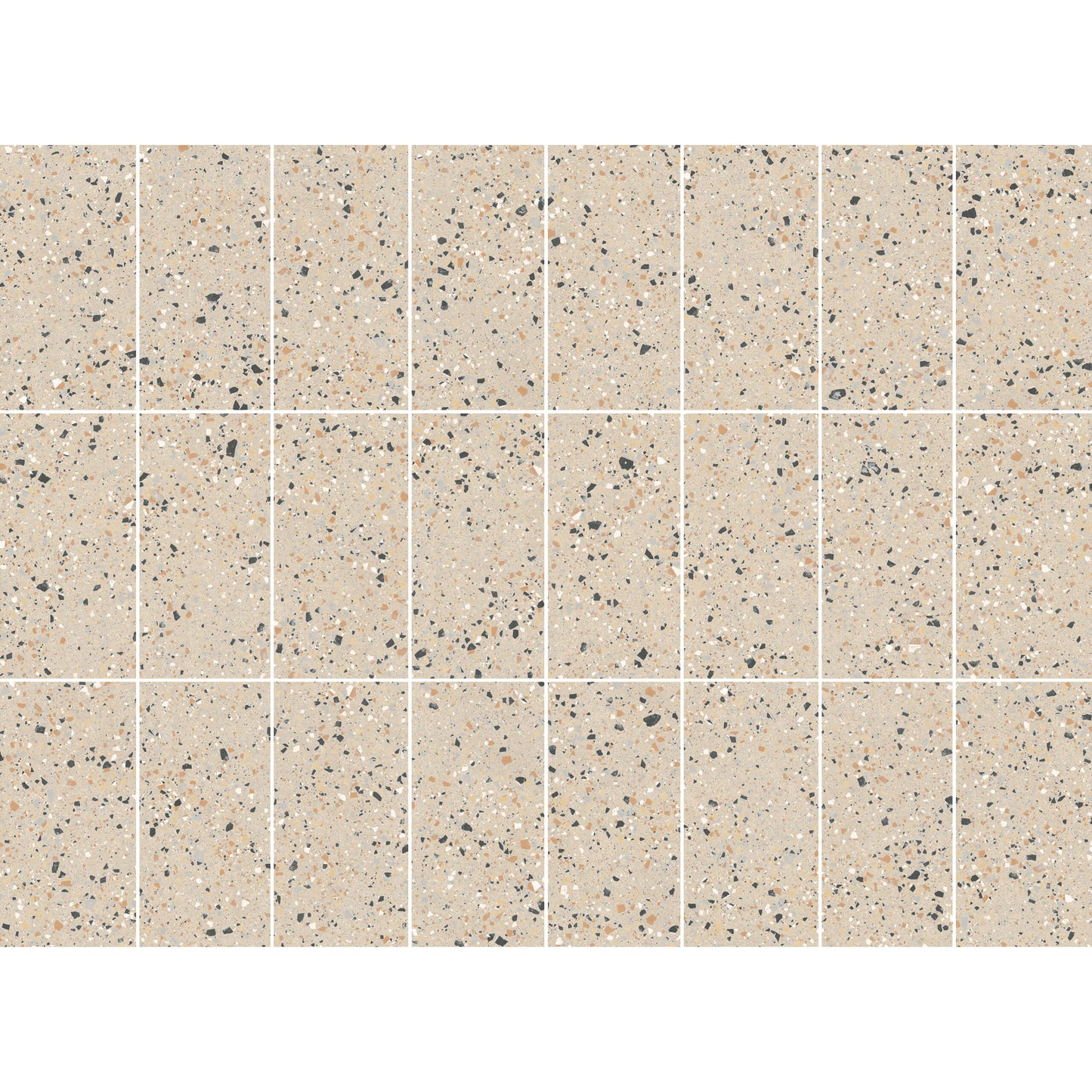 Grid layout of C Venice 300x600 Matt Beige Terrazzo Look Rectified tiles showing speckled beige surface with scattered charcoal, white, and terracotta aggregate fragments.