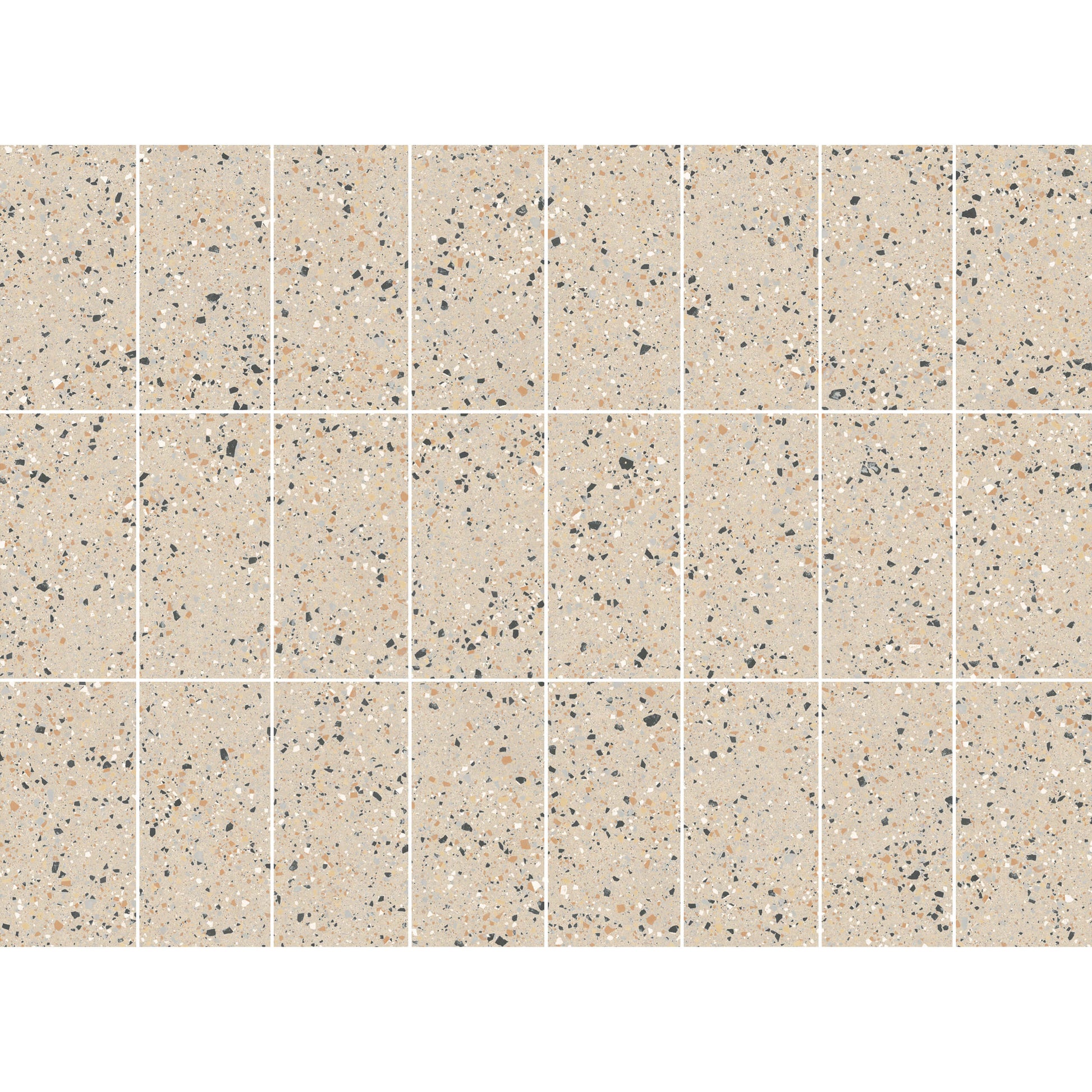 Grid layout of C Venice 300x600 Matt Beige Terrazzo Look Rectified tiles showing speckled beige surface with scattered charcoal, white, and terracotta aggregate fragments.