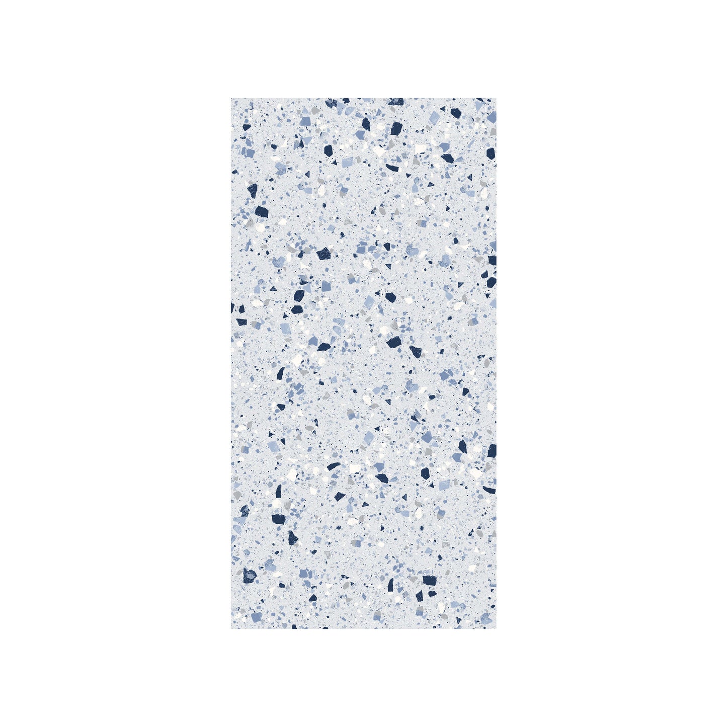 C Venice 300x600 Matt Blue Terrazzo Look Rectified tile pack shot showing a light blue matt surface with scattered navy, white, and grey terrazzo chip fragments.