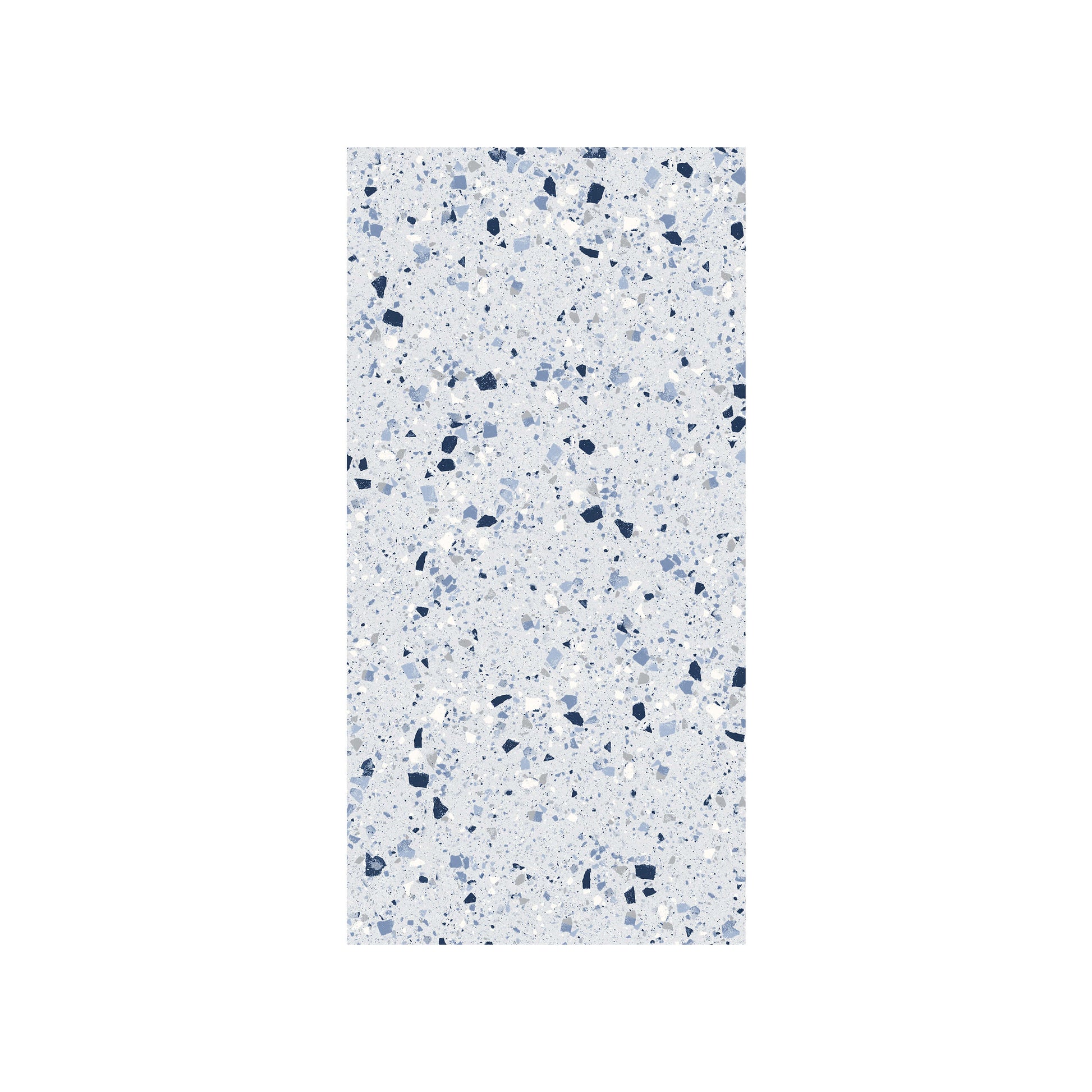 C Venice 300x600 Matt Blue Terrazzo Look Rectified tile pack shot showing a light blue matt surface with scattered navy, white, and grey terrazzo chip fragments.